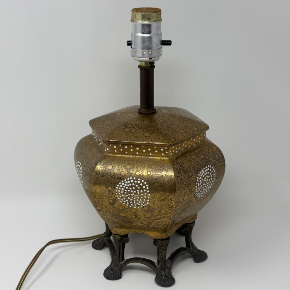 Vintage Japanese Moriage Gold Porcelain Table Lamp White Dots Claw Foot Base